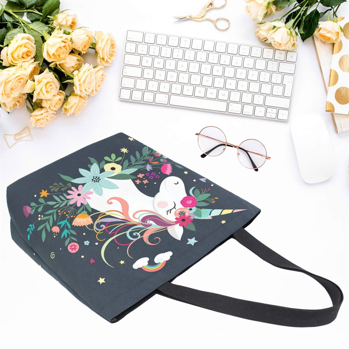 Naanle Floral Unicorn Canvas Tote Bag Large Women Casual Shoulder Bag Handbag, Fantasy Unicorn Reusable Multipurpose Heavy Duty
